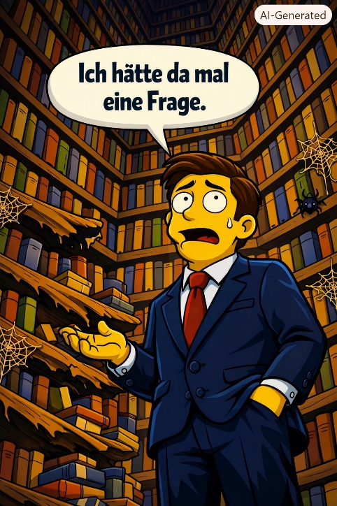 Illustration: Eine Person steht vor einer überdimensionierten Regalwand voller Akten und sagt: Ich hätte da mal eine Frage.
